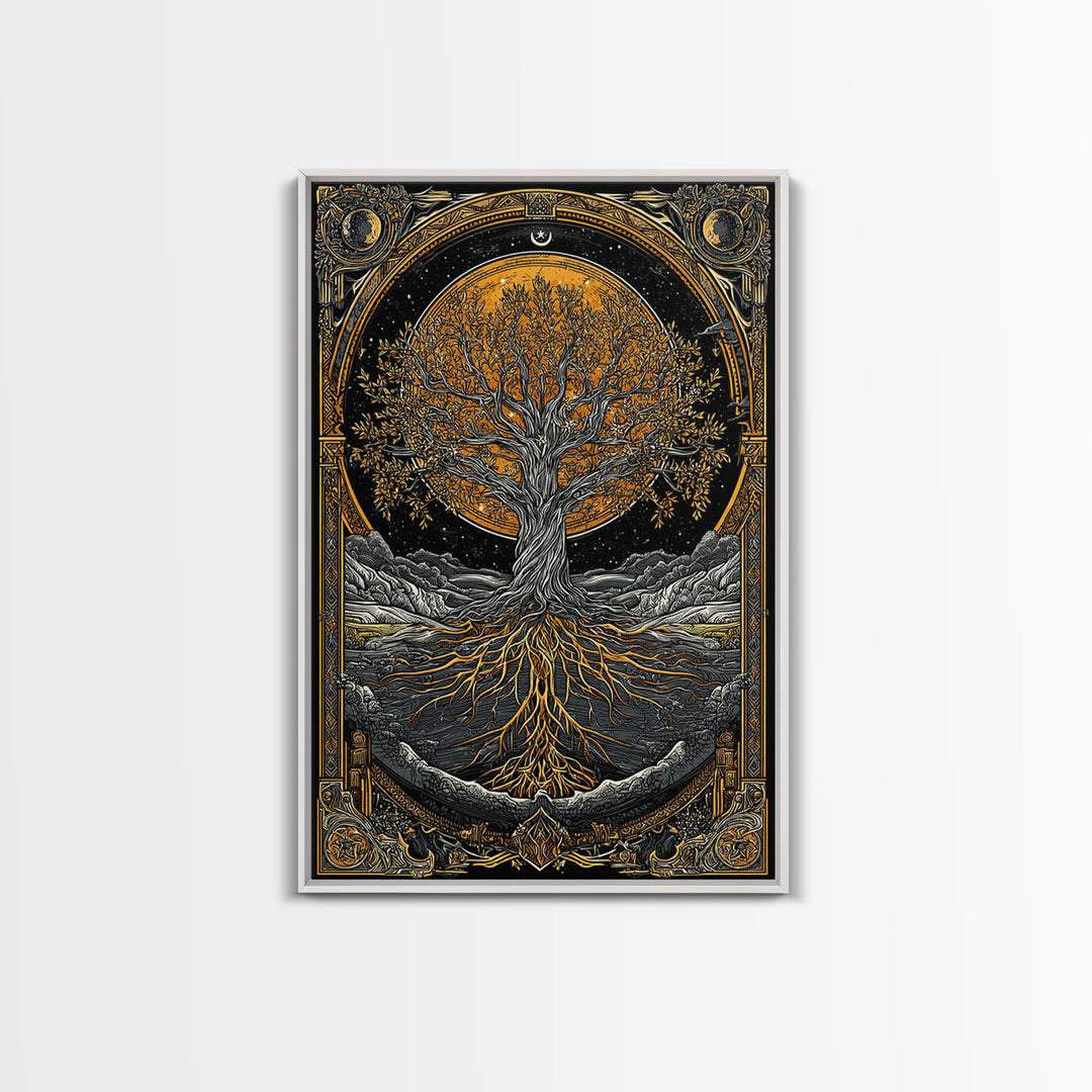 Cosmic World Tree Canvas Gold Art Canvas Art Viking Yggdrasil Norse Wall Art framed in real wood, Perfect for Man Cave Decor