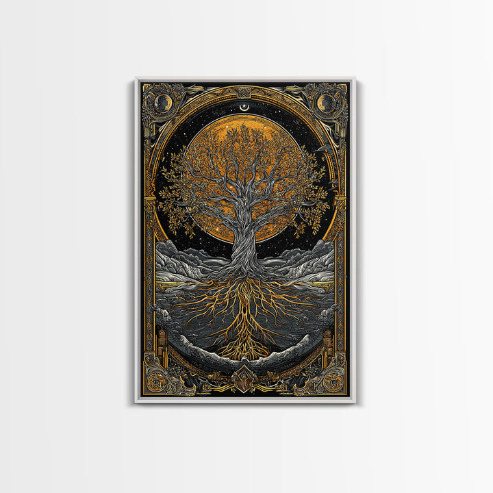 Cosmic World Tree Canvas Gold Art Canvas Art Viking Yggdrasil Norse Wall Art framed in real wood, Perfect for Man Cave Decor