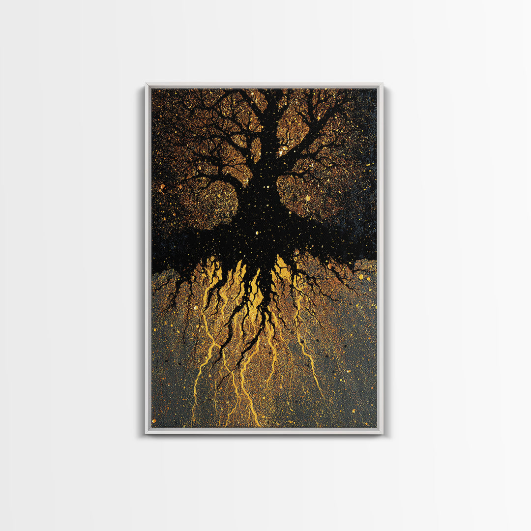Golden World Tree Canvas Gold Art Canvas Art Norse Mythology Yggdrasil Design in natural wood frame, Office Art or Dad Gift