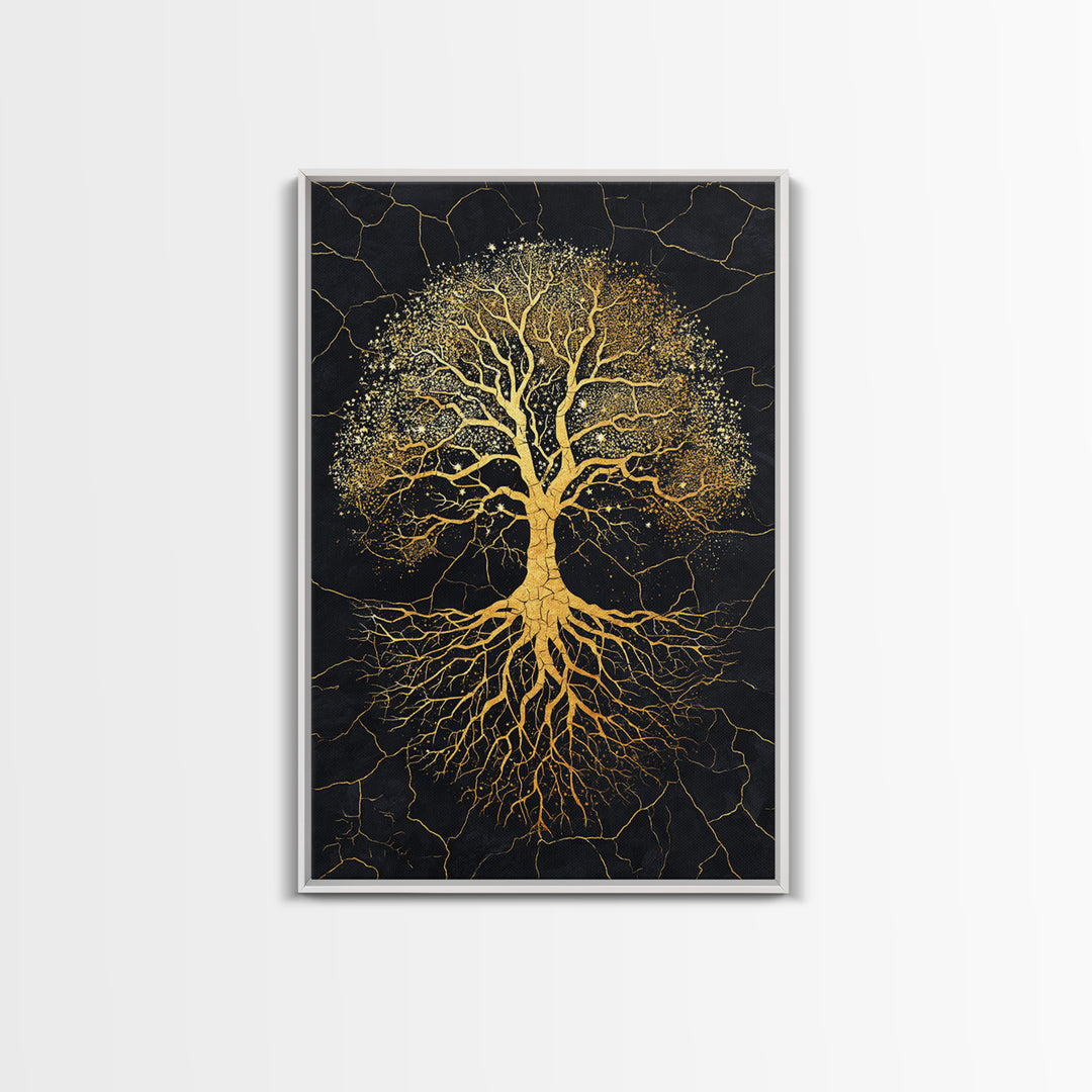 Norse Yggdrasil Tree Canvas Gold Art Canvas Art Celestial Design with roots framed in real wood, Unique Office or Man Cave Art