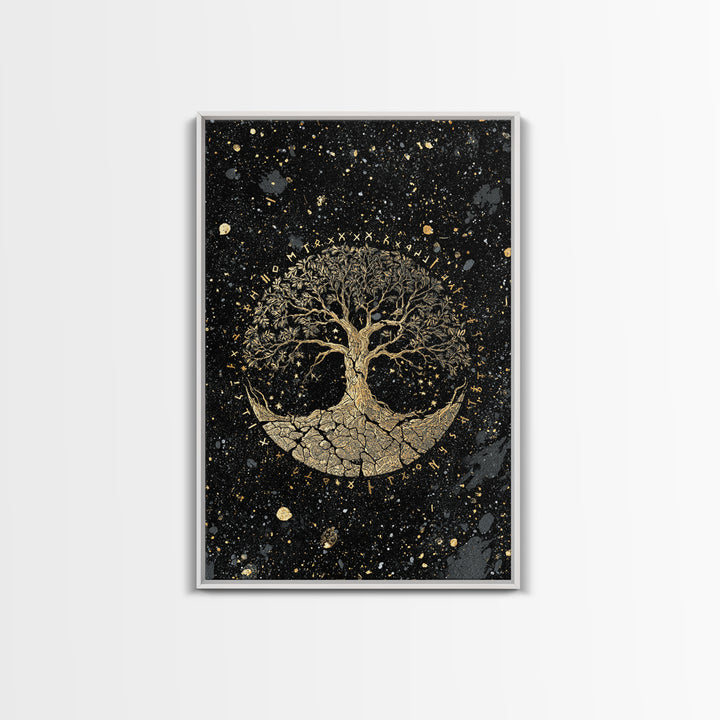 Yggdrasil World Tree Canvas Art Canvas Gold Art Norse Mythology Viking Decor Office Art Man Cave framed in handcrafted real wood