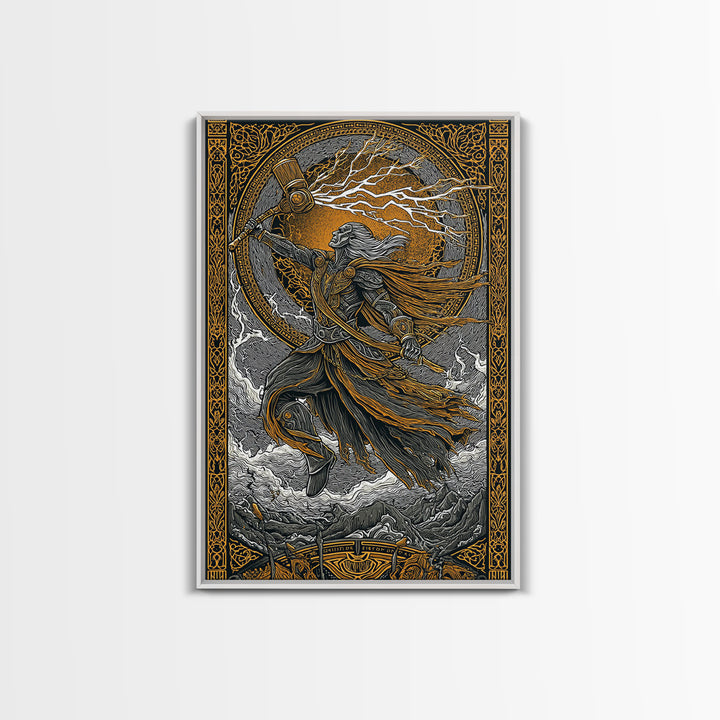 Viking Thor Strikes Canvas Gold Art Canvas Art with real wood frame, Norse Mythology Wall Art Perfect for Man Cave or Office