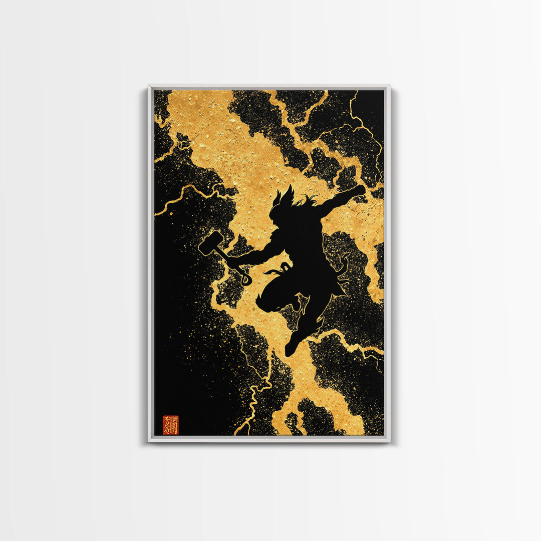 Silhouette Thor Jumping Canvas Gold Art Canvas Art Norse Viking God Wall Decor framed in natural wood, Office Art Dad Gift