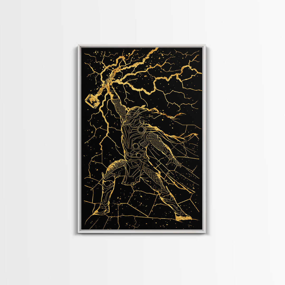 Thor with Lightning Hammer Canvas Gold Art Canvas Art Norse God Wall Art framed in wood, Viking Office Decor or Dad Gift Idea