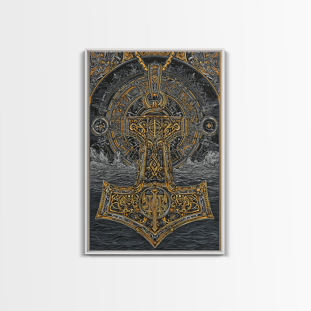 Viking Mjolnir Hammer Canvas Gold Art Canvas Art Norse Mythology Thor Symbol framed in natural wood, Office Wall Art for Men