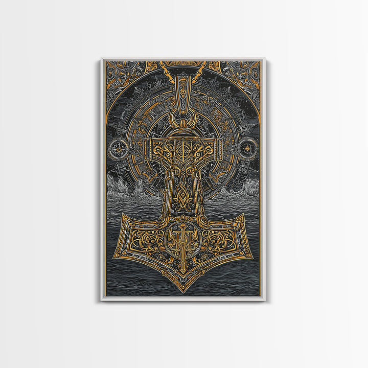 Viking Mjolnir Hammer Canvas Gold Art Canvas Art Norse Mythology Thor Symbol framed in natural wood, Office Wall Art for Men