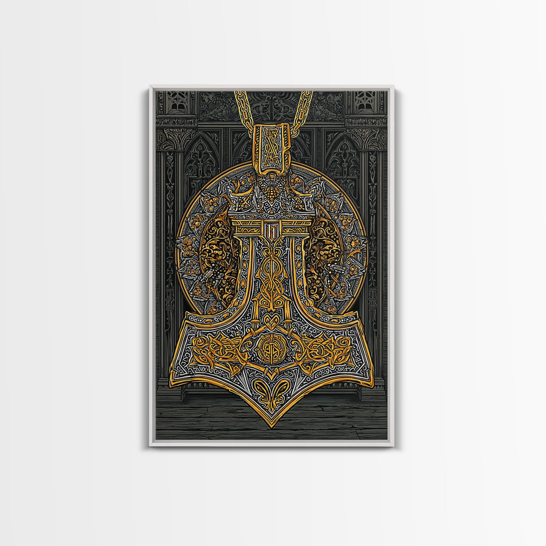 Thor’s Hammer Pendant Canvas Gold Art Nordic Canvas Art, Norse Mythology Wall Decor for Man Cave, framed in natural wood