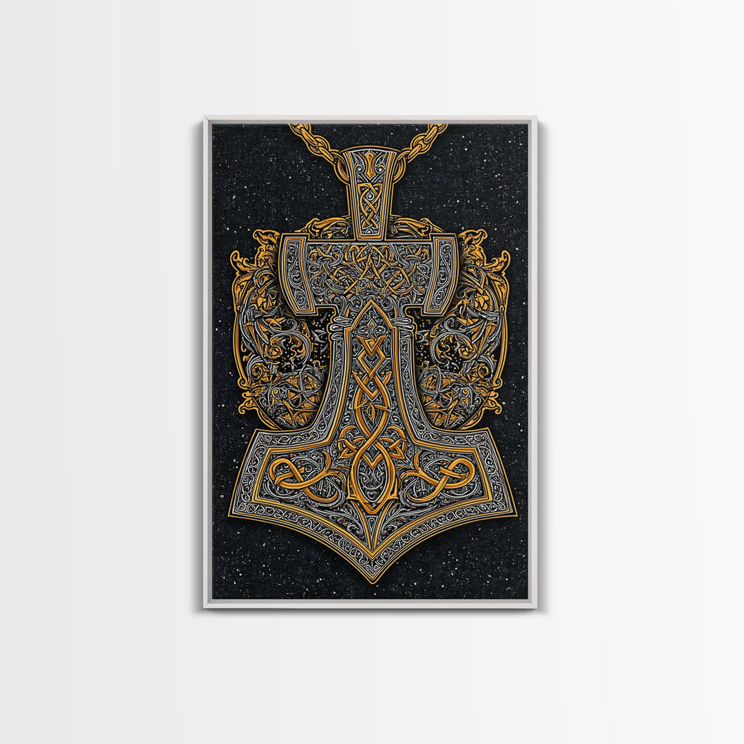 Norse Thor’s Hammer Canvas Gold Art Canvas Art Viking Mjolnir Pendant Design with real wood frame, Unique Man Cave Wall Decor