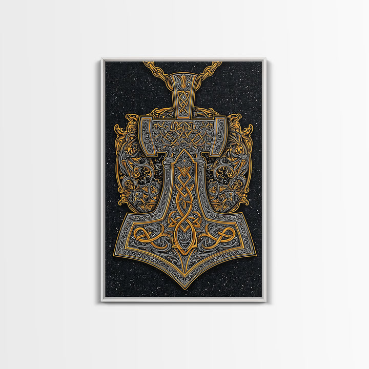 Norse Thor’s Hammer Canvas Gold Art Canvas Art Viking Mjolnir Pendant Design with real wood frame, Unique Man Cave Wall Decor