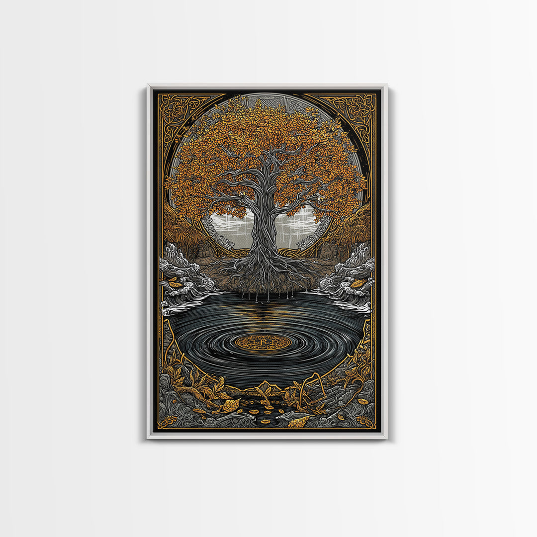Urd and Yggdrasil Canvas Gold Art Canvas Art, Norse Norns Mythology Wall Art for Dad Gift Office Decor, with real wood frame