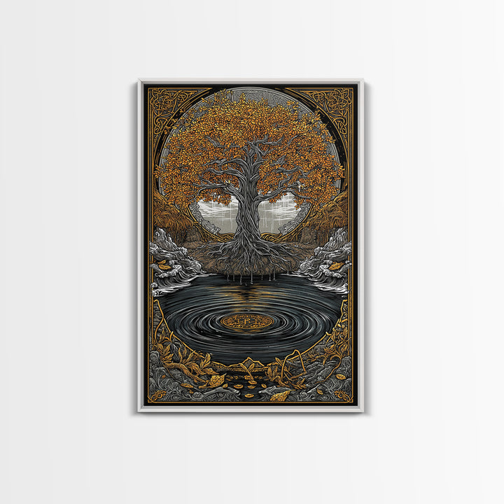 Urd and Yggdrasil Canvas Gold Art Canvas Art, Norse Norns Mythology Wall Art for Dad Gift Office Decor, with real wood frame