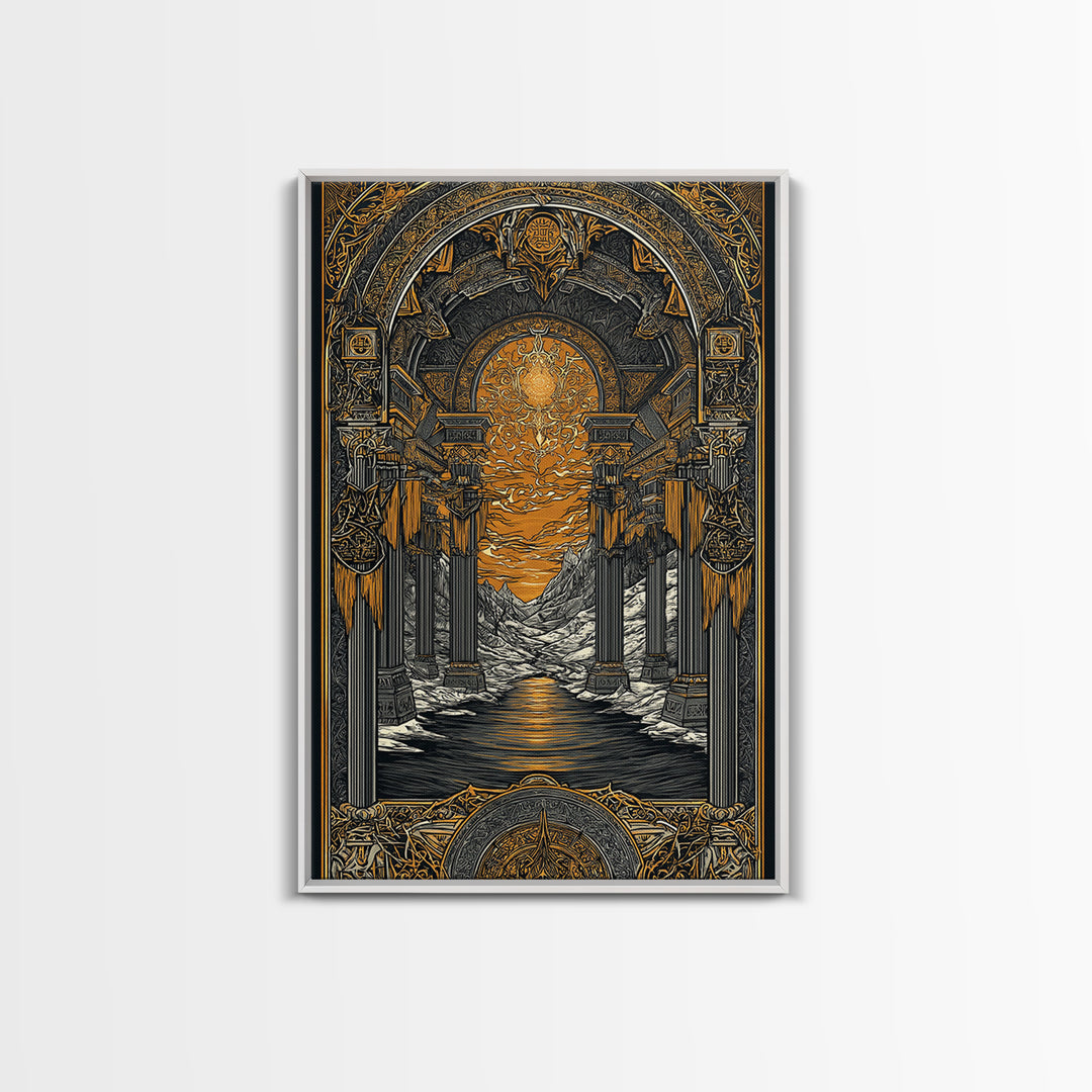Valhalla Temple Canvas Gold Art Canvas Art, Nordic Mythology Warrior Afterlife Wall Art for Man Cave Decor, framed in wood