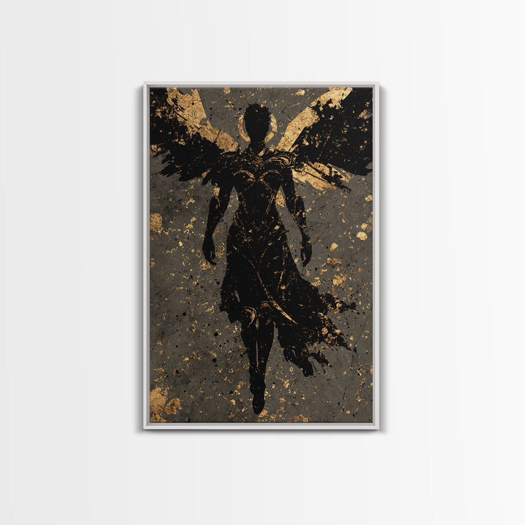 Nordic Valkyrie Canvas Gold Art Canvas Art, Norse Mythology Winged Warrior Goddess Wall Art for Man Cave Decor, framed in wood