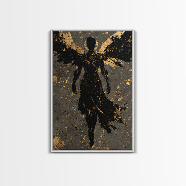 Nordic Valkyrie Canvas Gold Art Canvas Art, Norse Mythology Winged Warrior Goddess Wall Art for Man Cave Decor, framed in wood