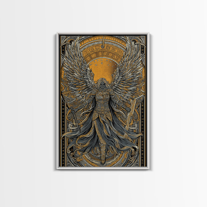 Valkyrie Ascending Canvas Gold Art Canvas Art, Norse Mythology Winged Protector Wall Decor for Dad Gift Office Art, real wood frame