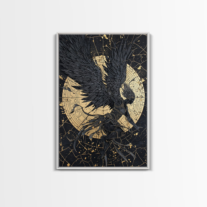 Golden Valkyrie Canvas Gold Art Canvas Art, Norse Mythology Female Warrior Wall Art for Man Cave Office Decor, in real wood frame