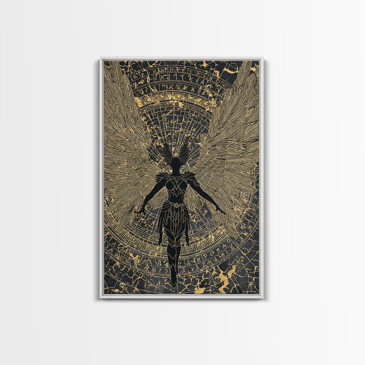 Shieldmaiden Valkyrie Canvas Gold Art Canvas Art, Norse Mythology Wall Art for Men’s Office Decor Dad Gift, framed in natural wood