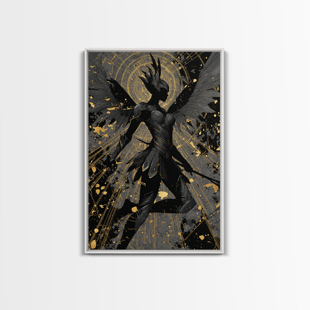 Valkyrie Guardian Canvas Gold Art Canvas Art, Norse Mythology Winged Warrior Wall Decor for Man Cave Dad Gift, real wood frame