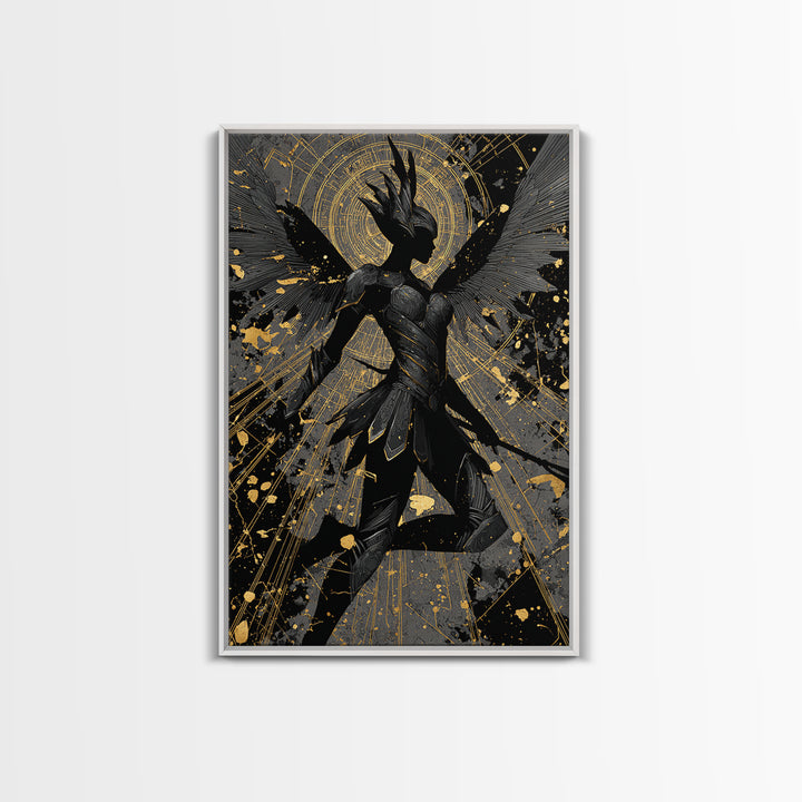 Valkyrie Guardian Canvas Gold Art Canvas Art, Norse Mythology Winged Warrior Wall Decor for Man Cave Dad Gift, real wood frame