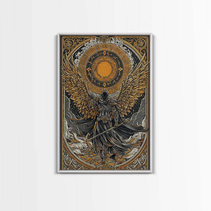 Norse Valkyrie Canvas Gold Art Canvas Art, Nordic Mythology Winged Warrior Goddess Wall Art Office Decor Dad Gift, framed in wood