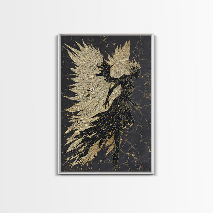 Valkyrie Warrior Canvas Gold Art Canvas Art, Norse Mythology Female Guardian Wall Art for Office Decor Dad Gift, with wood frame