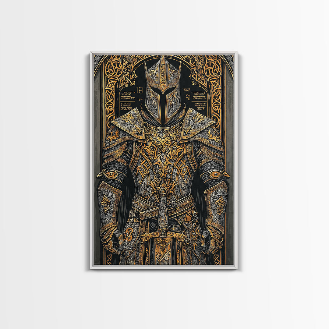 Nordic Knight Armor Canvas Gold Art, Mythology Canvas Art Perfect for Man Cave Wall Decor, framed with handcrafted real wood