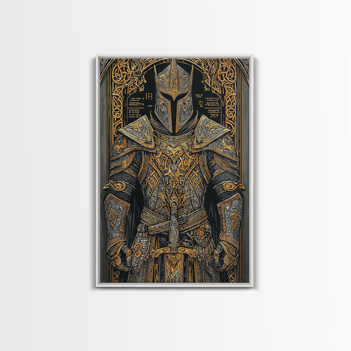 Nordic Knight Armor Canvas Gold Art, Mythology Canvas Art Perfect for Man Cave Wall Decor, framed with handcrafted real wood