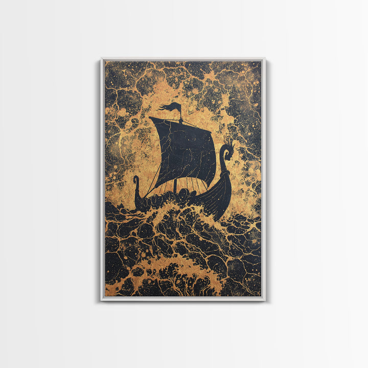 Bull Skull Nordic Totem Canvas Gold Art, Viking Canvas Art with Mythology Detail, unique office decor framed in solid wood