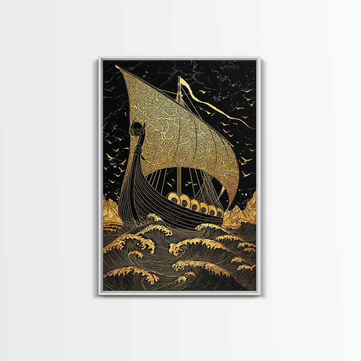 Viking Horned Helmet Canvas Gold Art, Norse Mythology Canvas Art Wall Decor for Dad Gift or Office, framed with real wood finish