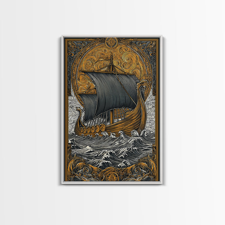 Nordic Warrior Helmet Canvas Gold Art, Viking Style Canvas Art Wall Decor, striking man cave gift framed with natural wood detail