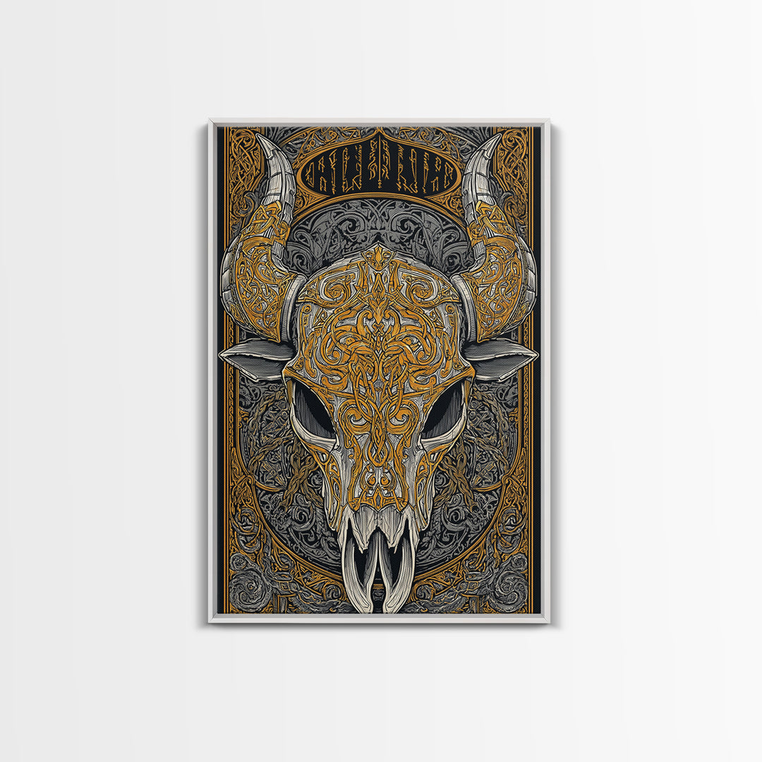 Rune Stone Canvas Gold Art, Ancient Viking Mythology Canvas Art Perfect for Office or Dad Gift, framed with handcrafted wood