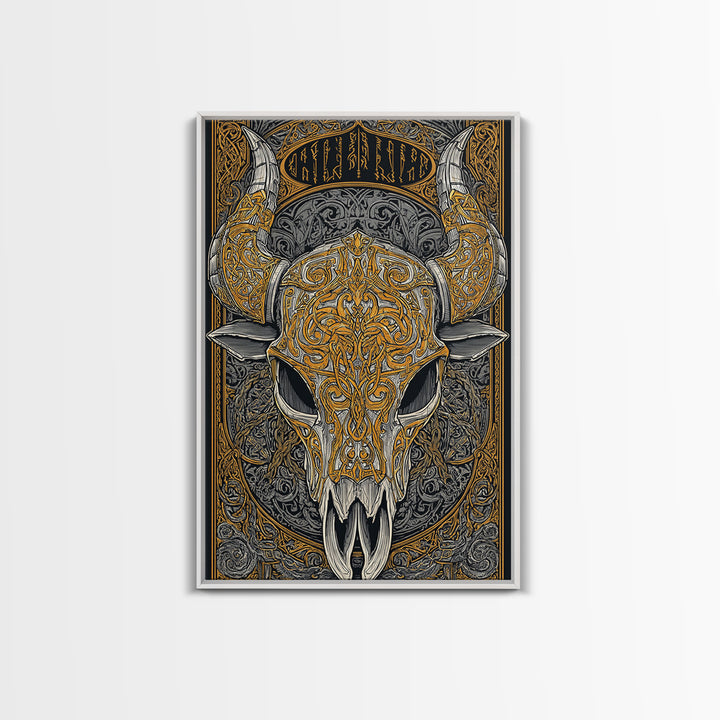 Rune Stone Canvas Gold Art, Ancient Viking Mythology Canvas Art Perfect for Office or Dad Gift, framed with handcrafted wood
