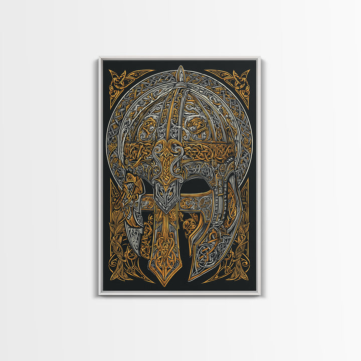 Viking Funeral Ship Canvas Gold Art, Norse Mythology Canvas Art Wall Decor for Man Cave or Office, framed in natural wood