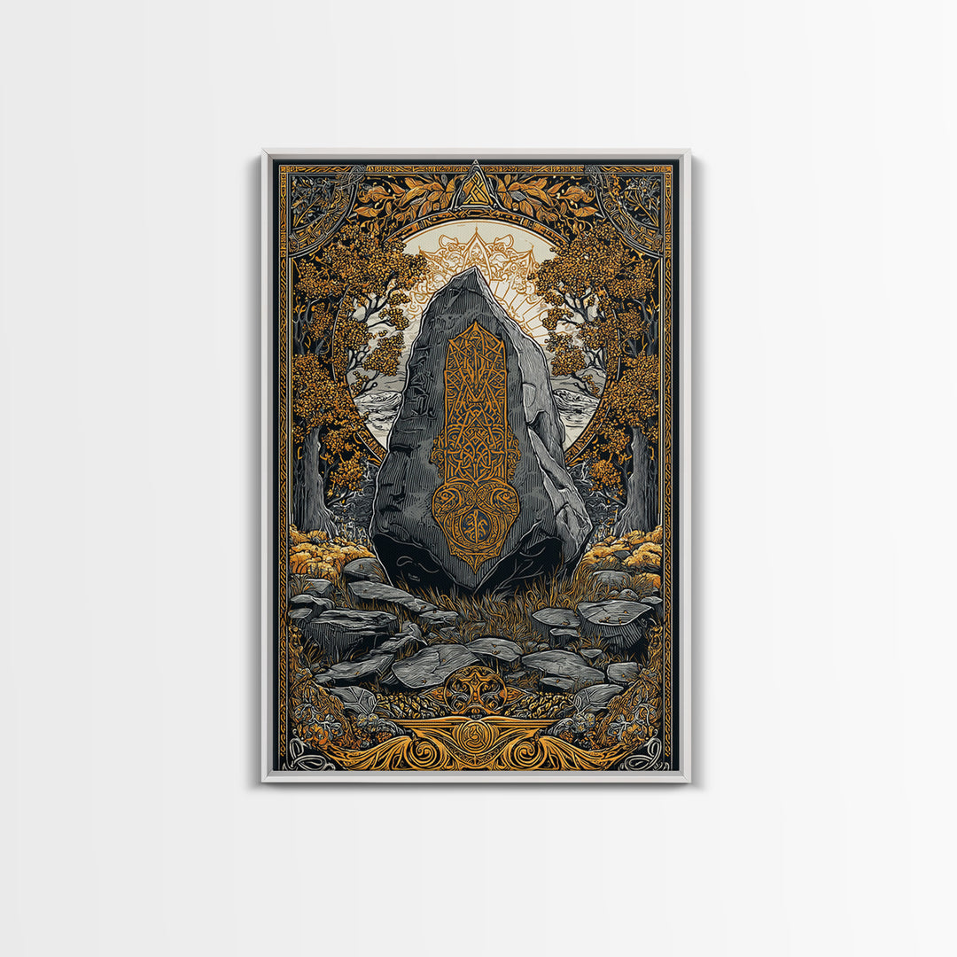 Viking Ship Wall Decor Canvas Gold Art Canvas Art Nordic Longship Ocean Waves Office Art Man Cave Framed in Natural Wood