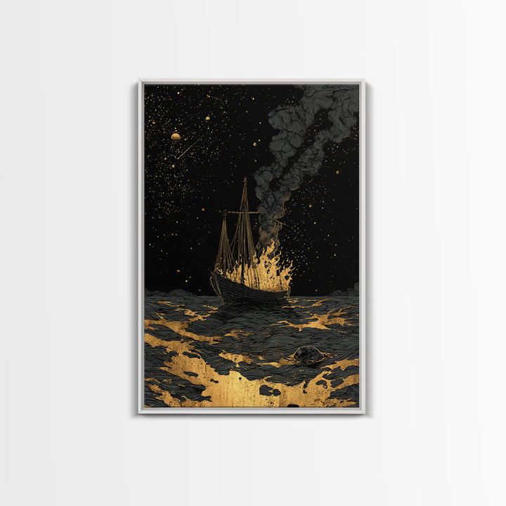 Canvas Gold Art Canvas Art Viking Ship with Dragon Sail Nordic Mythology Decor Man Cave Wall Art Dad Gift with Real Wood Frame
