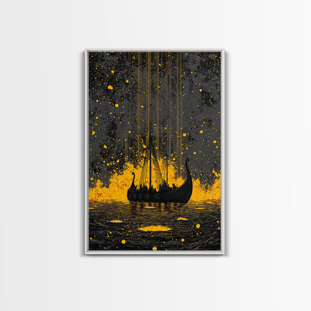 Nordic Longship Ocean Voyage Canvas Gold Art Canvas Art Viking Decor for Men’s Office or Den Framed in Solid Wood Handmade