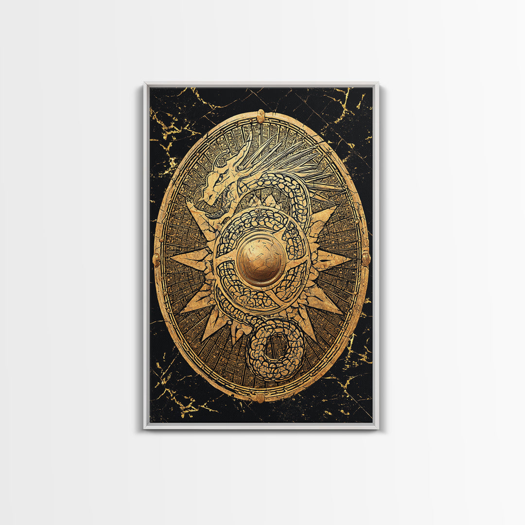 Norse Dragon Shield Canvas Gold Art, Viking Inspired Canvas Art for Men’s Office or Dad Gift, crafted with real wood frame
