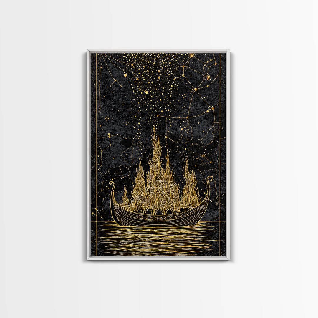 Burning Viking Funeral Ship Canvas Gold Art Canvas Art Norse Mythology Wall Art Nordic Decor Man Cave Piece with Real Wood Frame