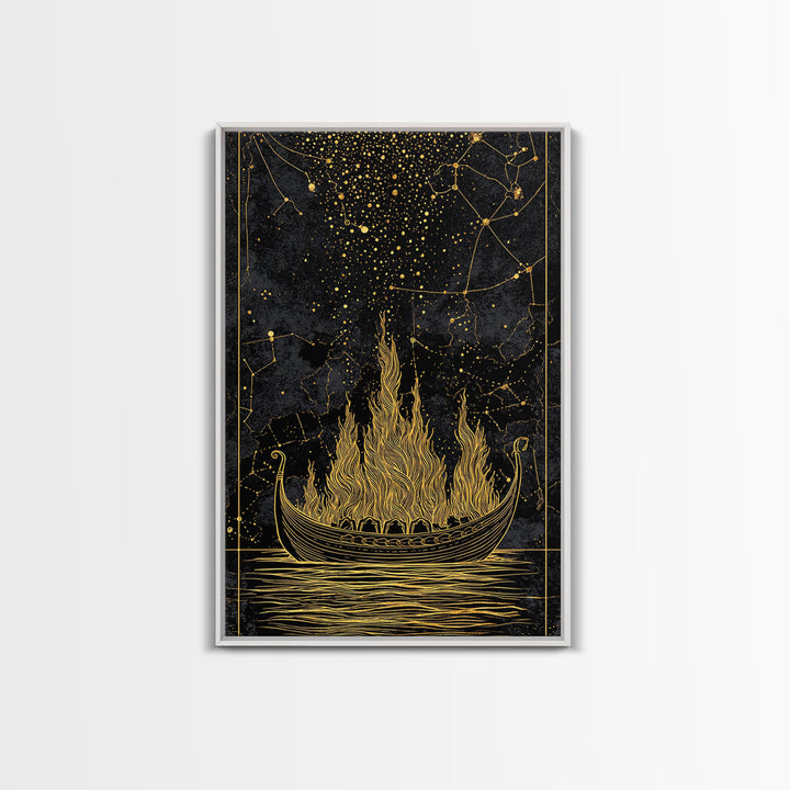 Burning Viking Funeral Ship Canvas Gold Art Canvas Art Norse Mythology Wall Art Nordic Decor Man Cave Piece with Real Wood Frame