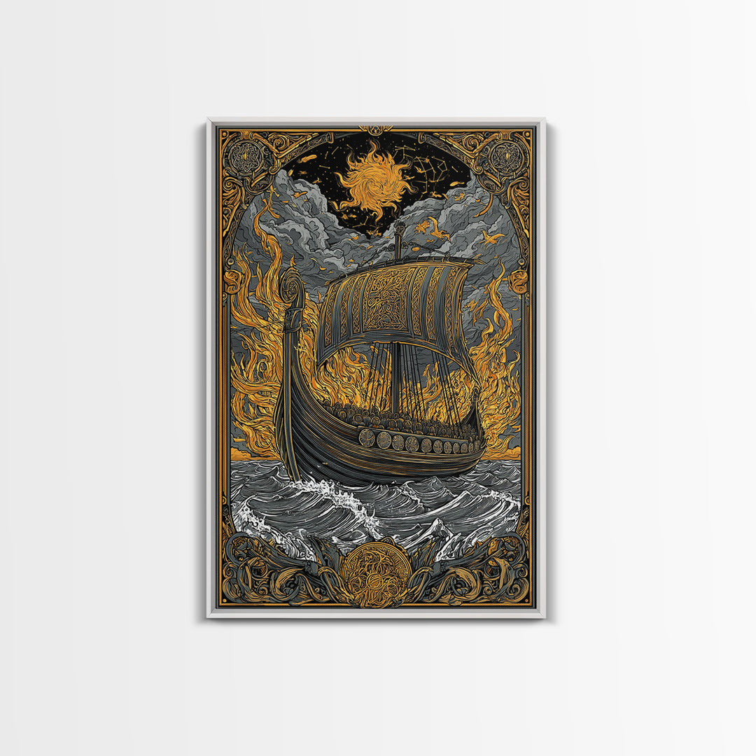Canvas Art Canvas Gold Art Viking Ship in Flames Norse Funeral Pyre Nordic Mythology Decor Office or Man Cave Framed in Real Wood