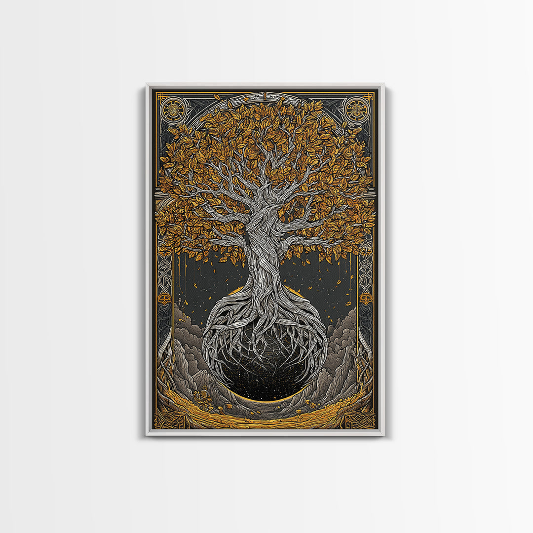 Canvas Gold Art Canvas Art Nordic World Tree Yggdrasil Norse Mythology Decor Viking Wall Art Man Cave Office Art with Real Wood Frame