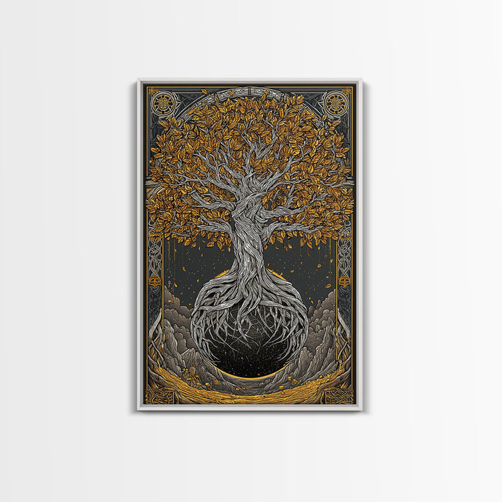 Canvas Gold Art Canvas Art Nordic World Tree Yggdrasil Norse Mythology Decor Viking Wall Art Man Cave Office Art with Real Wood Frame