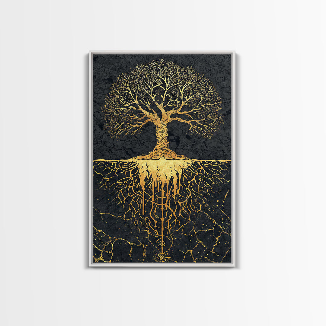 Norse Mythology Yggdrasil Tree Canvas Gold Art Canvas Art Viking Decor Wall Art Nordic Symbolism Dad Gift Framed in Solid Wood
