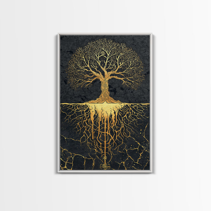Norse Mythology Yggdrasil Tree Canvas Gold Art Canvas Art Viking Decor Wall Art Nordic Symbolism Dad Gift Framed in Solid Wood
