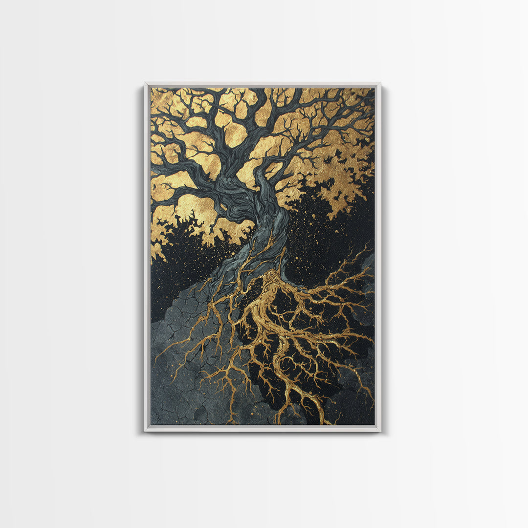 Canvas Gold Art Canvas Art Yggdrasil Tree of Life Norse Mythology Decor Viking Wall Art Nordic Office or Man Cave in Wood Frame