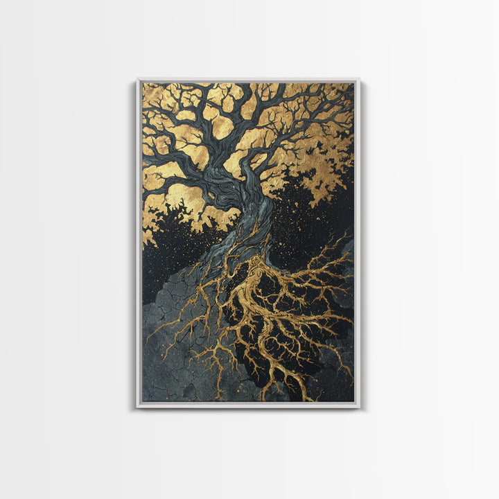 Canvas Gold Art Canvas Art Yggdrasil Tree of Life Norse Mythology Decor Viking Wall Art Nordic Office or Man Cave in Wood Frame