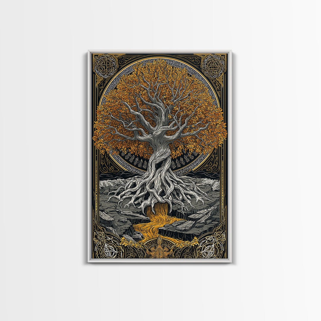 Nordic Yggdrasil Wall Decor Canvas Gold Art Canvas Art Norse Mythology Tree of Life Viking Style Office Art Framed in Real Wood