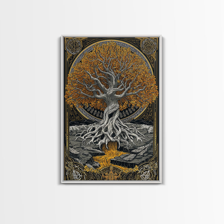 Nordic Yggdrasil Wall Decor Canvas Gold Art Canvas Art Norse Mythology Tree of Life Viking Style Office Art Framed in Real Wood