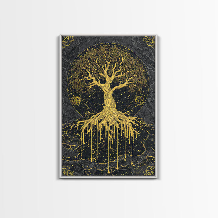 Yggdrasil Canvas Gold Art Canvas Art | Norse World Tree Design Framed in Natural Wood | Nordic Mythology Office & Man Cave Decor