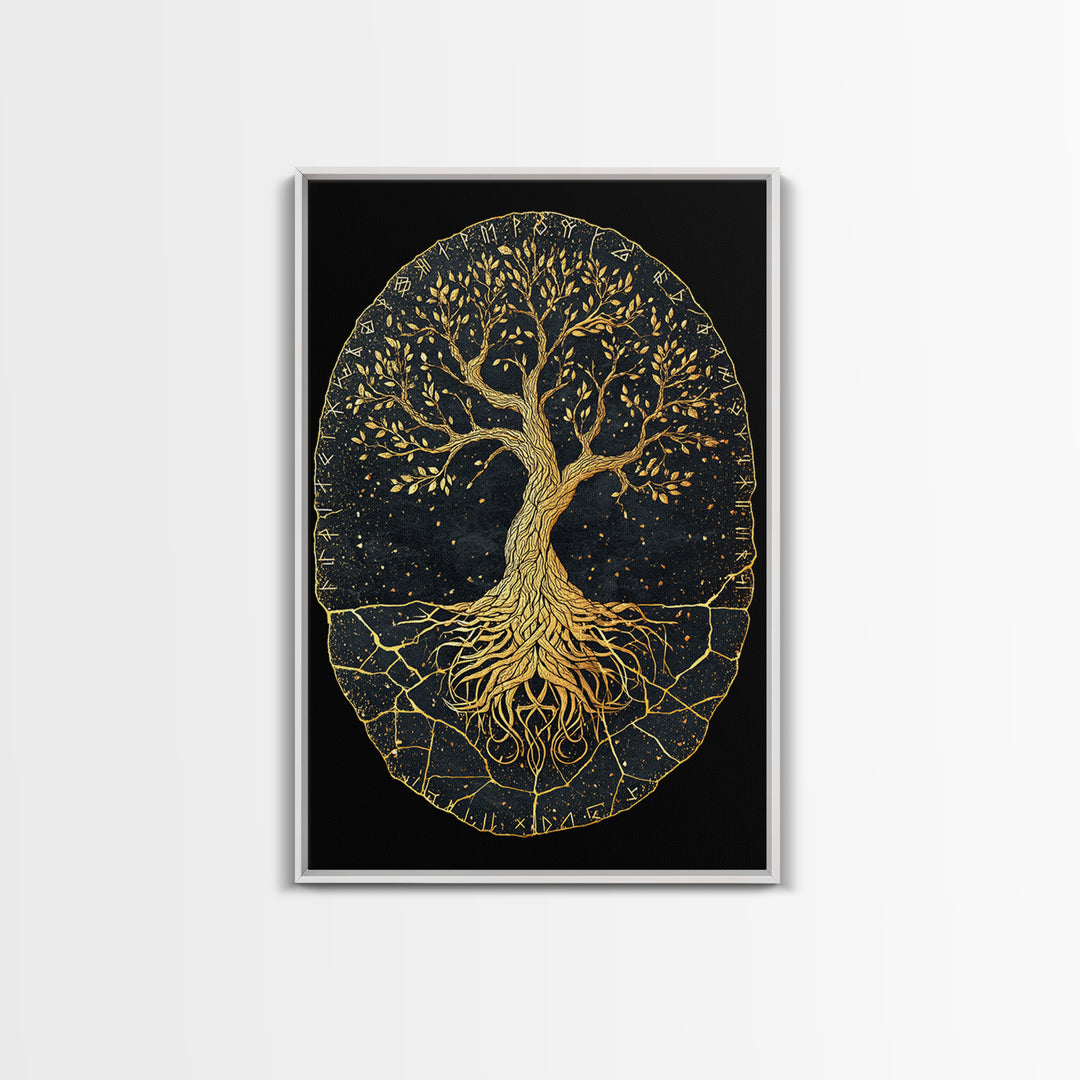 Yggdrasil Norse World Tree Canvas Gold Art Canvas Art Viking Mythology Wall Art Nordic Decor Dad Gift Framed with Natural Wood